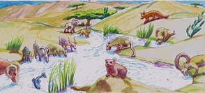 "Sparkle" animals at stream 
watercolour